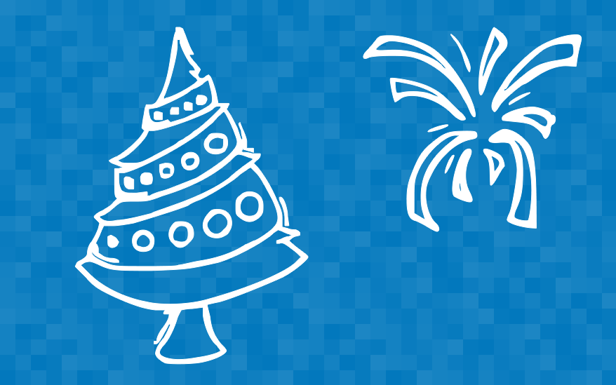 Grafik mit Weihnachtsbaum und Feuerwerk